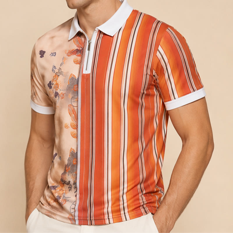 Floral Striped Split-Design 3D Print Zip Collar Polo Shirt - image 3