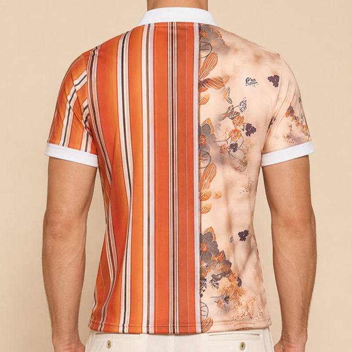 Floral Striped Split-Design 3D Print Zip Collar Polo Shirt - image 2