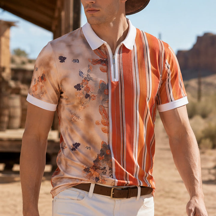 Floral Striped Split-Design 3D Print Zip Collar Polo Shirt - Orange - 5XL - image 0