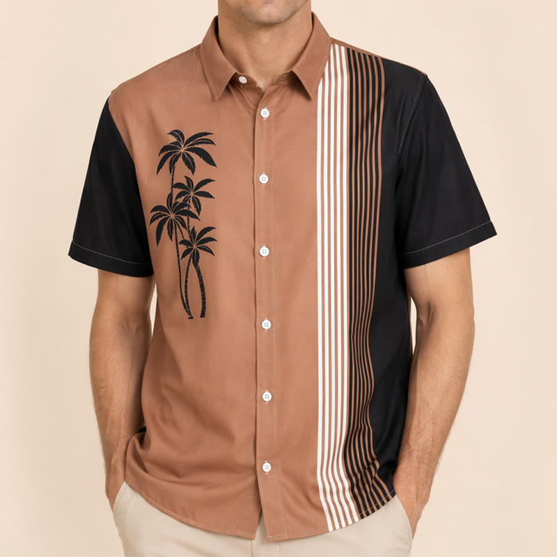 Men's Color Block Palm Tree Hawaiian Street Casual Shirt - image 1