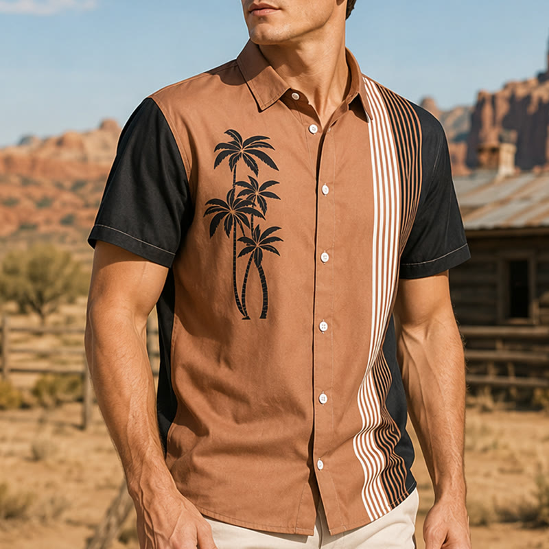 Men's Color Block Palm Tree Hawaiian Street Casual Shirt - Style#1 - 5XL - image 0