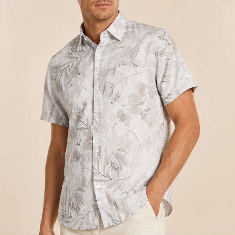 Men's Vintage Grey Leaf Floral Print Light Mature Casual Shirt - image 3