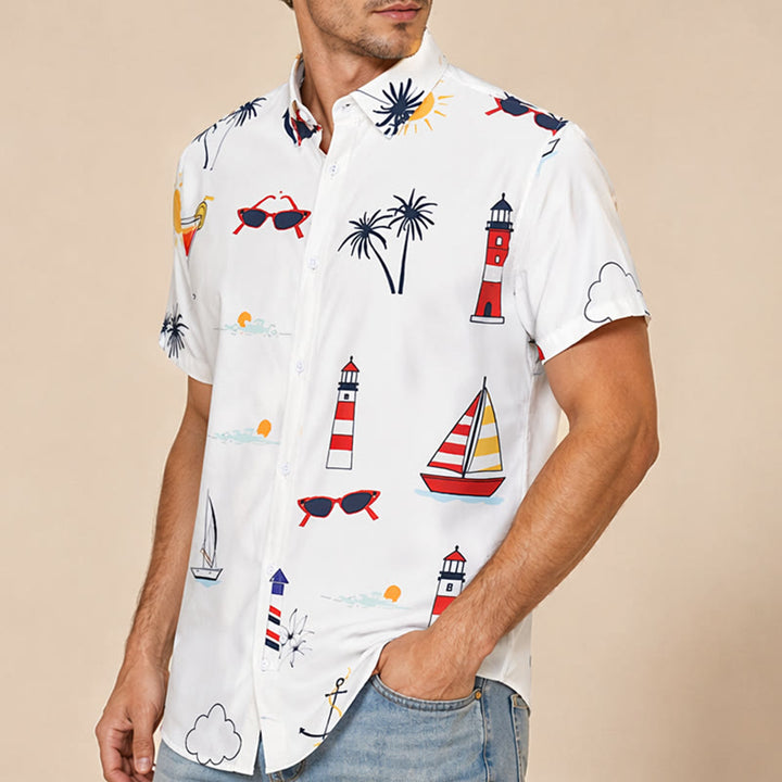 Men's Nautical Cocktail Palm Print Hawaiian Summer Short Sleeve Shirt - image 3