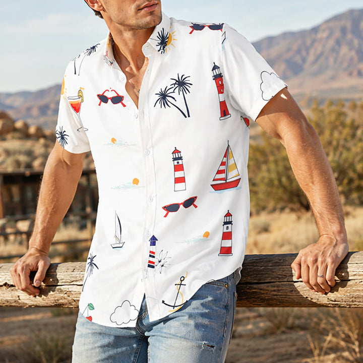 Men's Nautical Cocktail Palm Print Hawaiian Summer Short Sleeve Shirt - Style#1 - 4XL - image 0