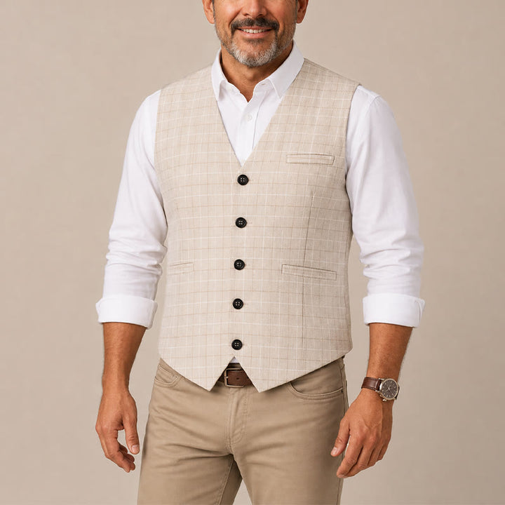 Light Khaki Windowpane Plaid Gentleman Suit Vest - image 1