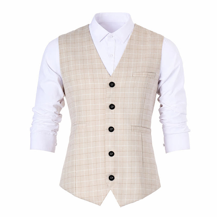 Light Khaki Windowpane Plaid Gentleman Suit Vest - image 9