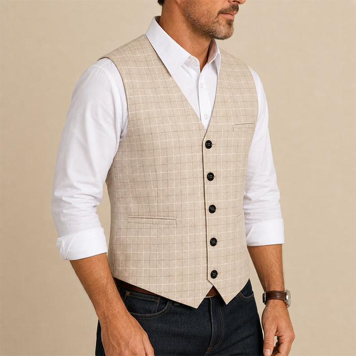 Light Khaki Windowpane Plaid Gentleman Suit Vest - image 3