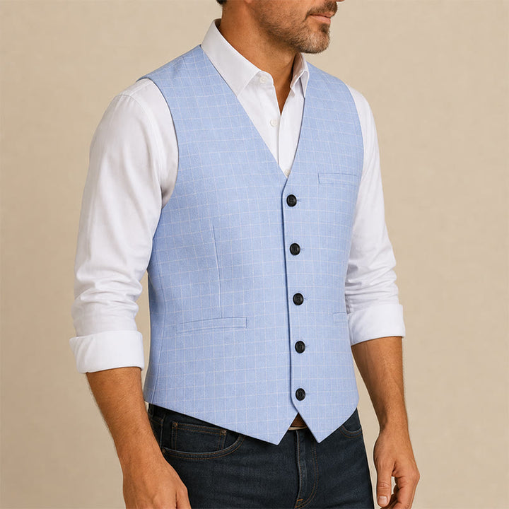 Light Blue Groomsmen Plaid V-Neck Suit Vest - image 3