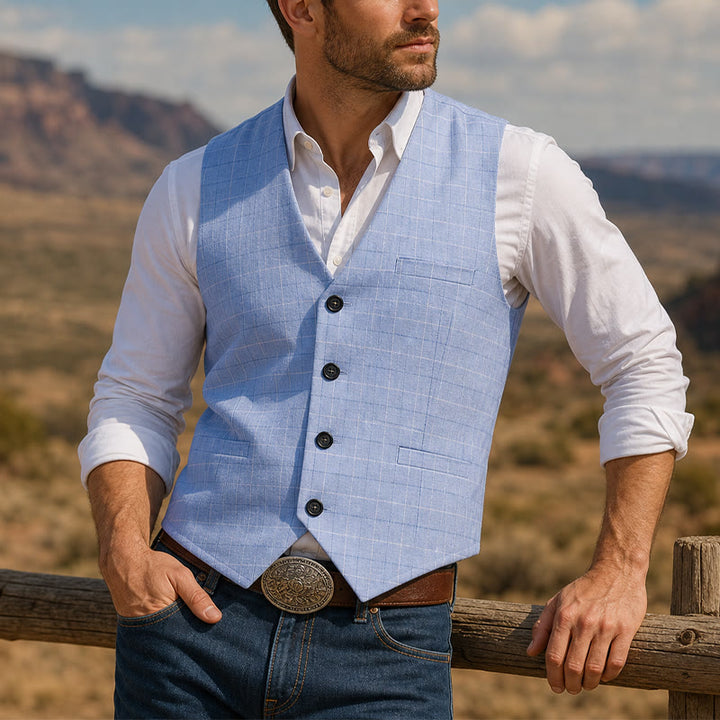 Light Blue Groomsmen Plaid V-Neck Suit Vest - Light Blue - 3XL - image 0