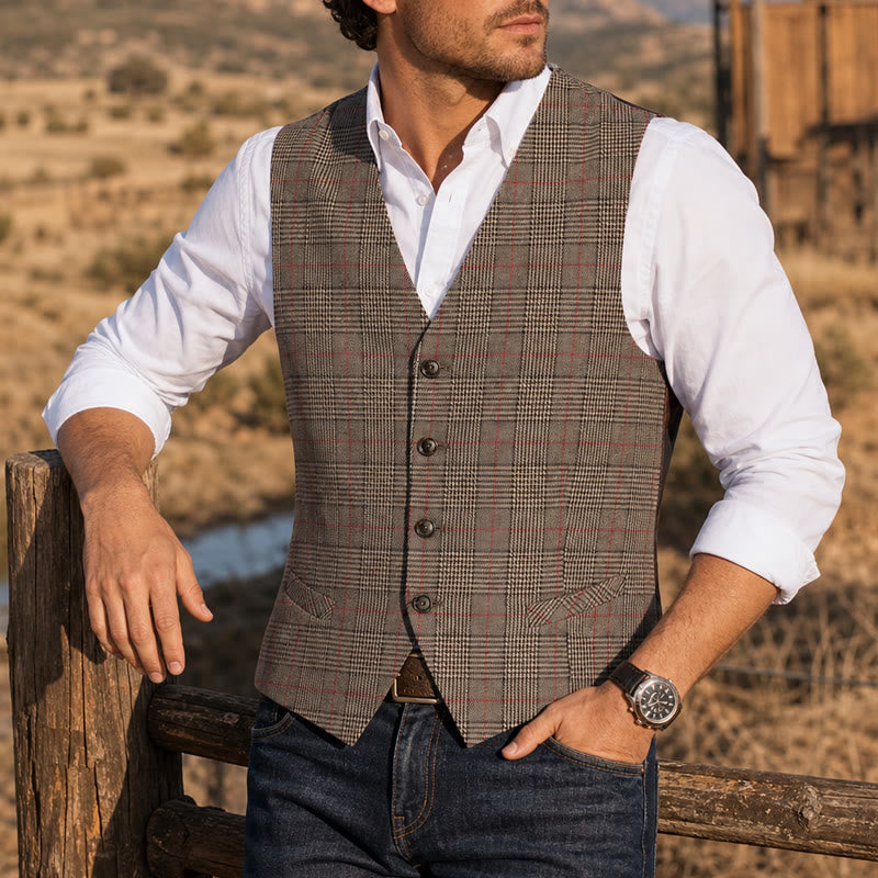 Vintage Heritage Style Checkered V-Neck Suit Vest - Brown - 3XL - image 0