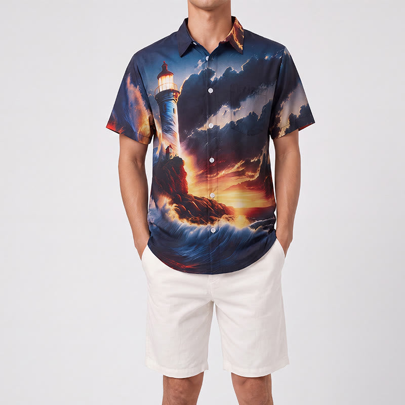 Men's Summer Vacation Ocean Lighthouse Sunset Wave 3d Print Shirt - image 1