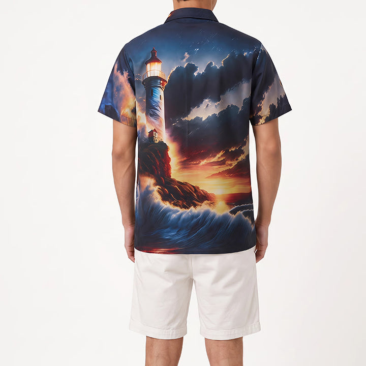 Men's Summer Vacation Ocean Lighthouse Sunset Wave 3d Print Shirt - image 3