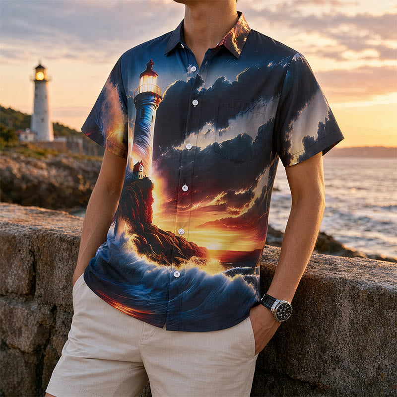 Men's Summer Vacation Ocean Lighthouse Sunset Wave 3d Print Shirt - Style#1 - 4XL - image 0