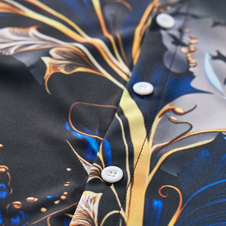 Men's Luxury Golden Blue Leaf Print Casual Button Shirt - image 5
