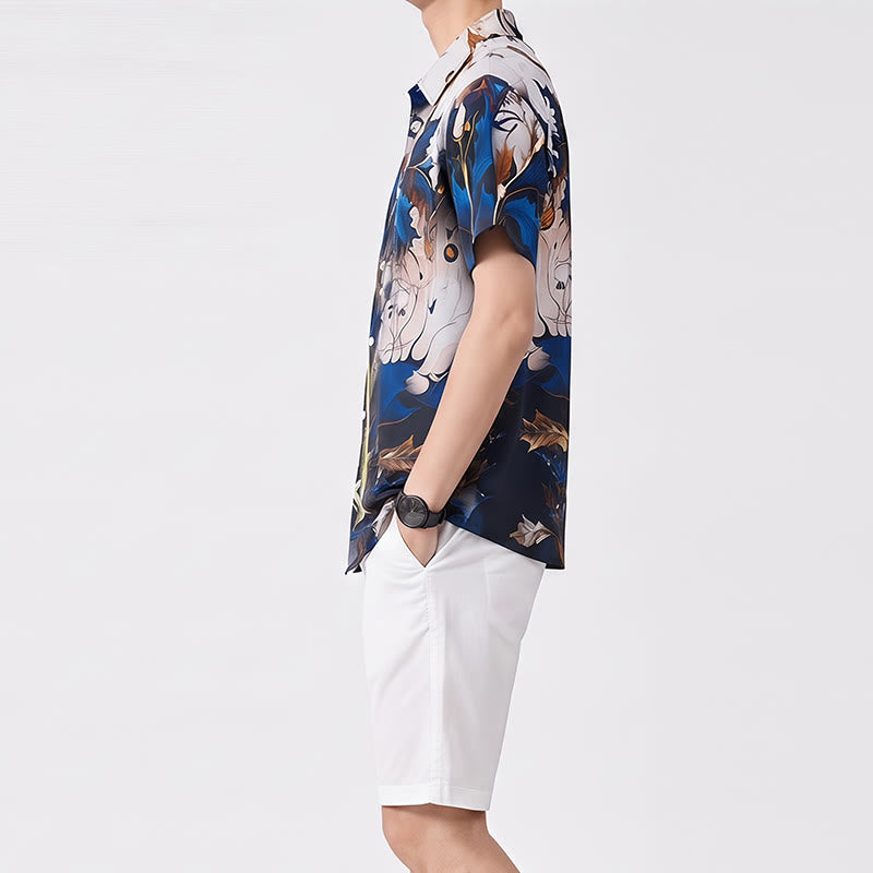 Men's Luxury Golden Blue Leaf Print Casual Button Shirt - image 2