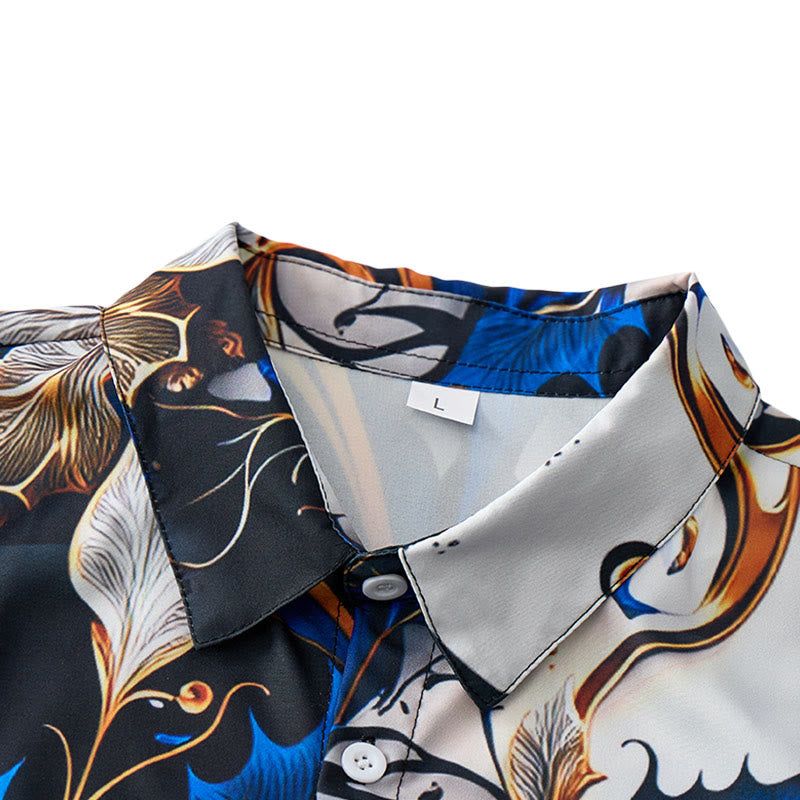 Men's Luxury Golden Blue Leaf Print Casual Button Shirt - image 4