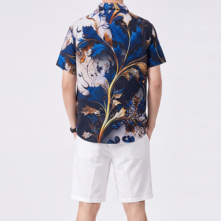 Men's Luxury Golden Blue Leaf Print Casual Button Shirt - image 3