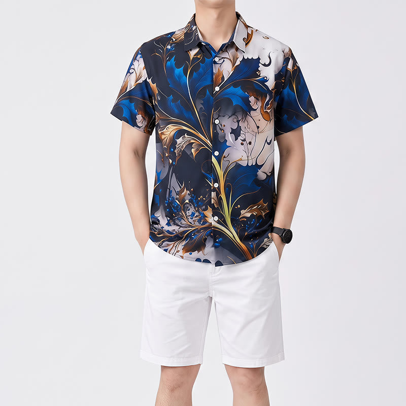 Men's Luxury Golden Blue Leaf Print Casual Button Shirt - image 1