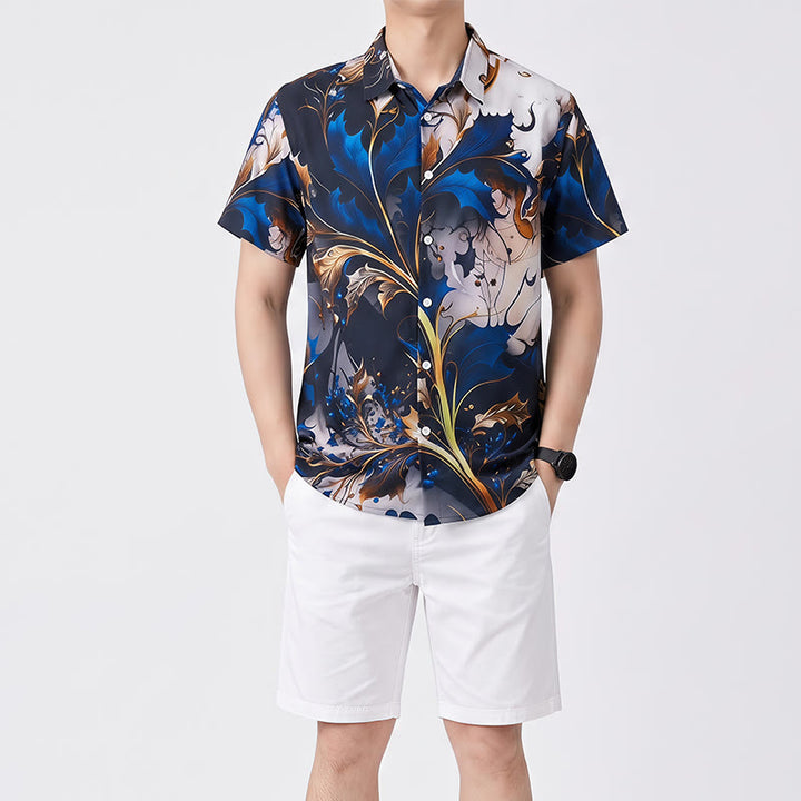 Men's Luxury Golden Blue Leaf Print Casual Button Shirt - image 1