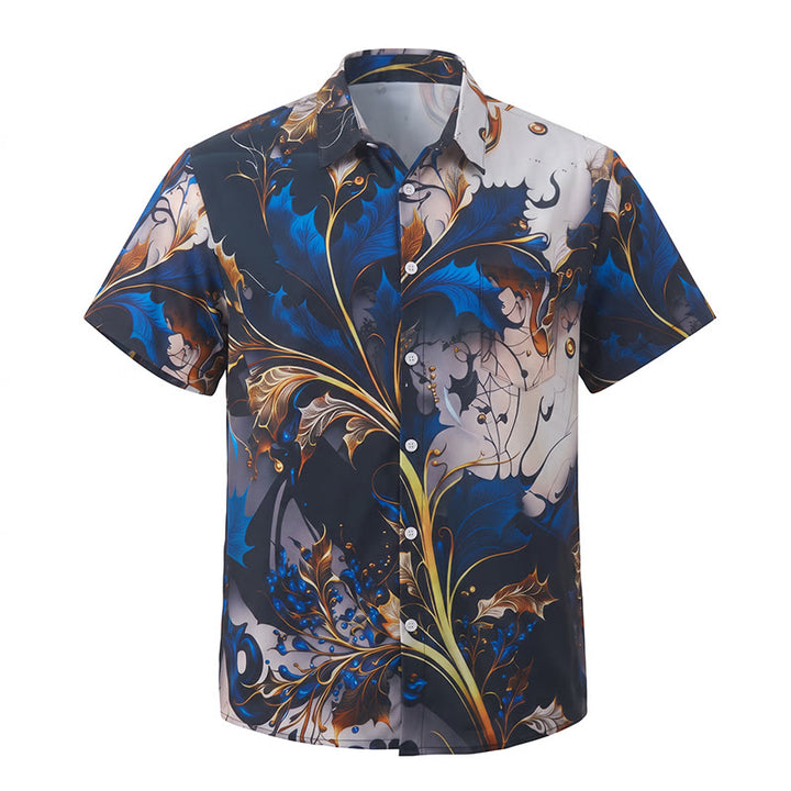 Men's Luxury Golden Blue Leaf Print Casual Button Shirt - image 10