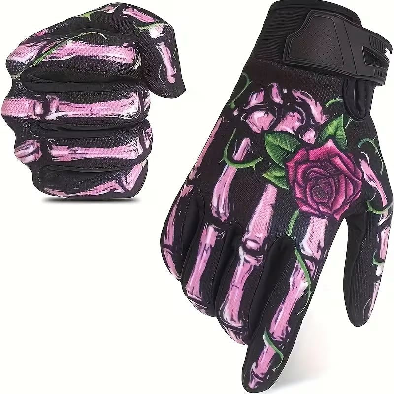 Rose Skeleton Motorcycle Touchscreen Full Finger Tactical Gloves - Pink - XL - image 0