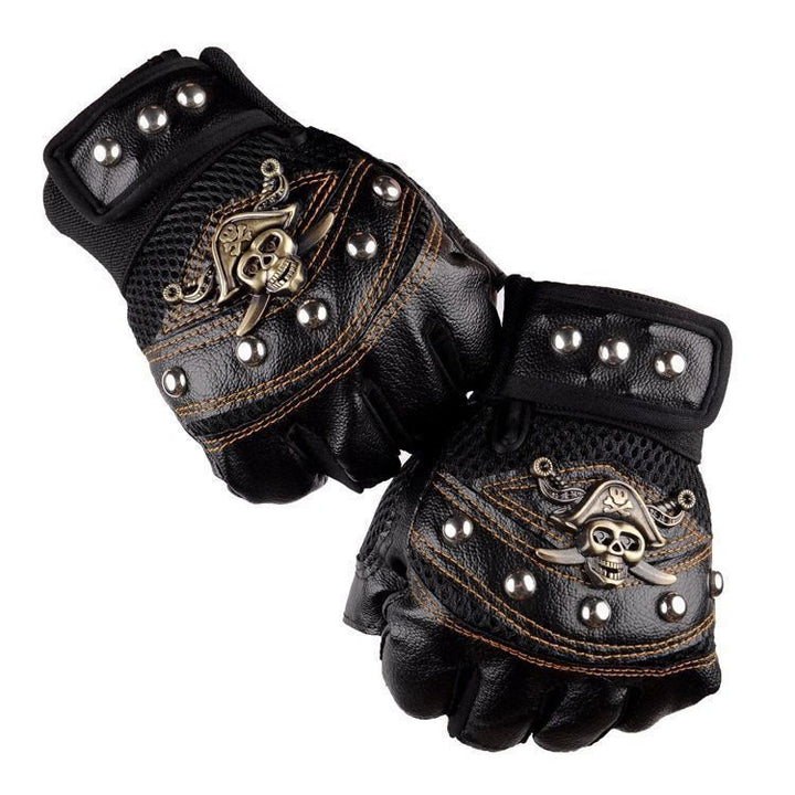Pirate Biker Skull Studded Leather Half Finger Outdoor Gloves - Black - One Size - image 0