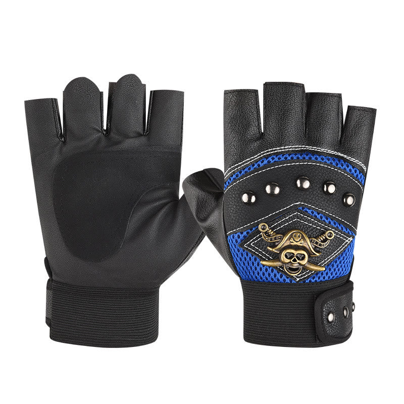 Pirate Biker Skull Studded Leather Half Finger Outdoor Gloves - Blue - One Size - image 2