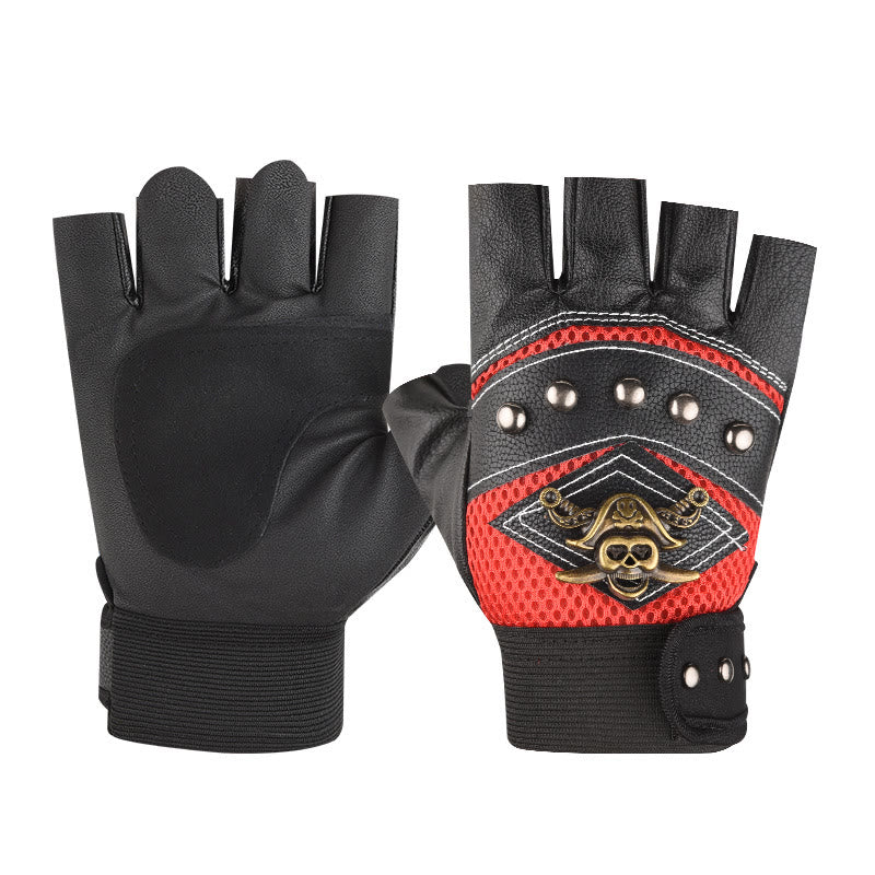 Pirate Biker Skull Studded Leather Half Finger Outdoor Gloves - Red - One Size - image 7