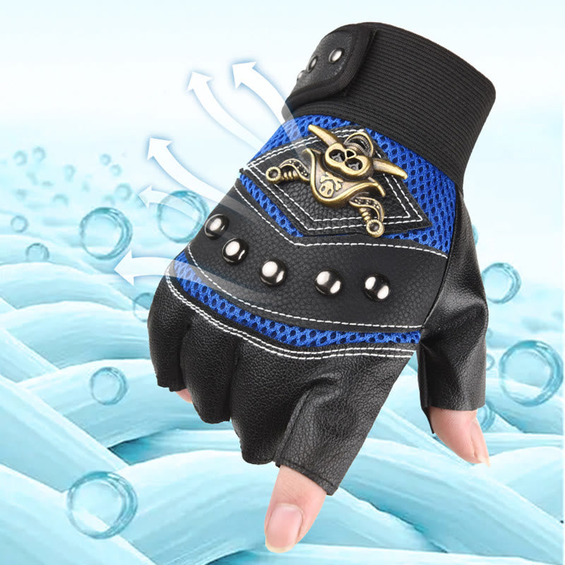 Pirate Biker Skull Studded Leather Half Finger Outdoor Gloves - image 4