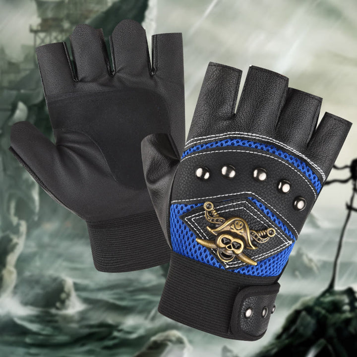 Pirate Biker Skull Studded Leather Half Finger Outdoor Gloves - image 3