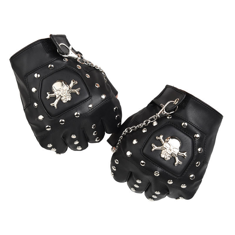 Black Skull Studded Half-Finger Motorcycle Gloves With Chain - image 5