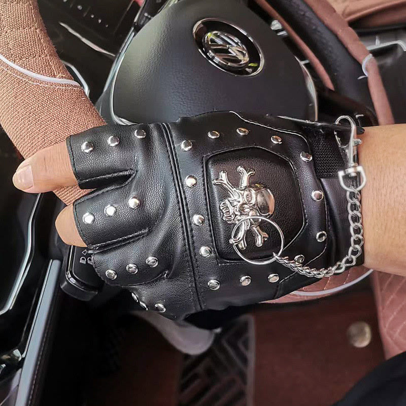 Black Skull Studded Half-Finger Motorcycle Gloves With Chain - image 2