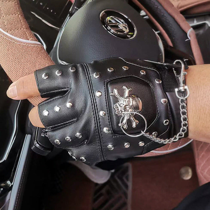 Black Skull Studded Half-Finger Motorcycle Gloves With Chain - image 2