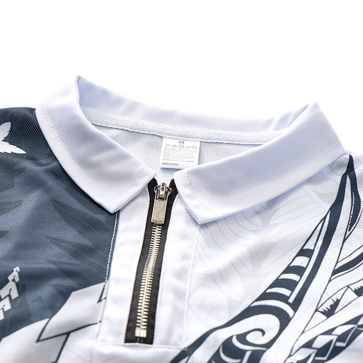 Black & White Polynesian Pattern 3D Print Zipper Collar Polo Shirt - image 4