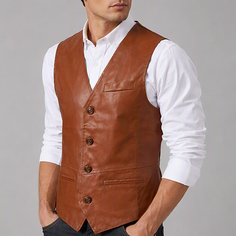 Men's Vintage Cowboy Biker Faux Leather Western Vest - image 3