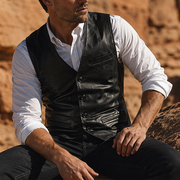Men's Vintage Cowboy Biker Faux Leather Western Vest - Black - 5XL - image 4