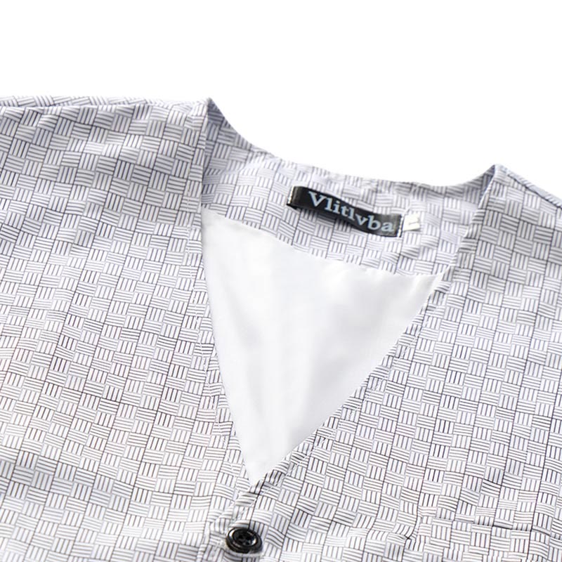 Minimalist Silver Grey Grid Pattern V-Neck Suit Vest - image 4
