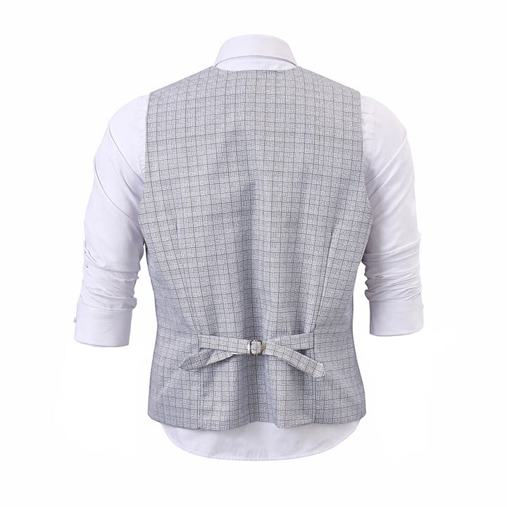Minimalist Silver Grey Grid Pattern V-Neck Suit Vest - image 11