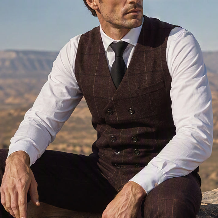 Men's Plaid Pattern Peaky Blinders Inspired Suit Vest - Coffee - 2XL - image 4