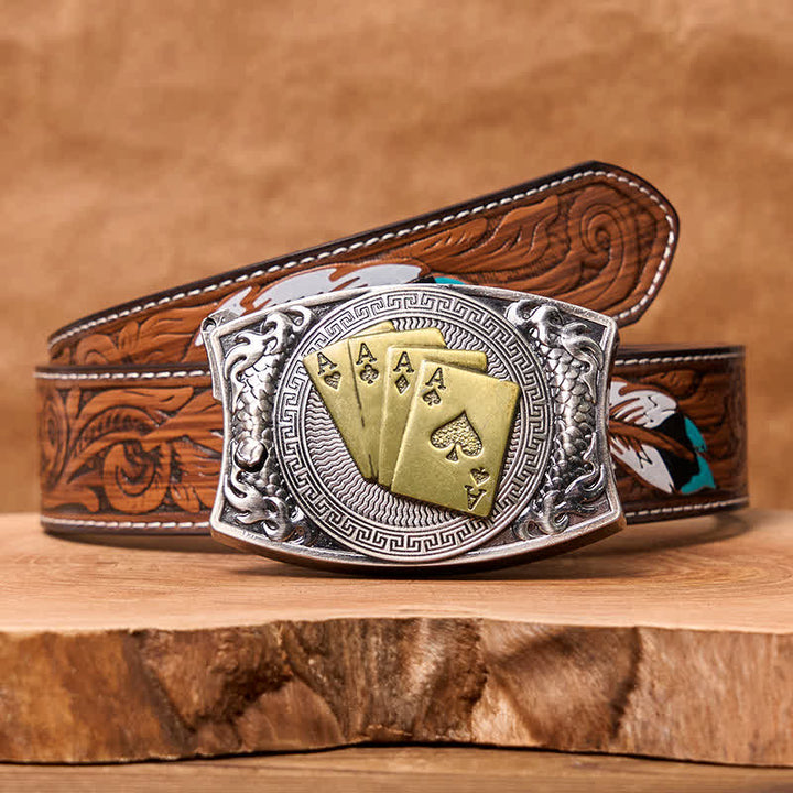 Men's DIY Gold Poker Hidden Folding Knife Leather Belt - Gold Poker - Brown Feather Belt - 40 - image 11