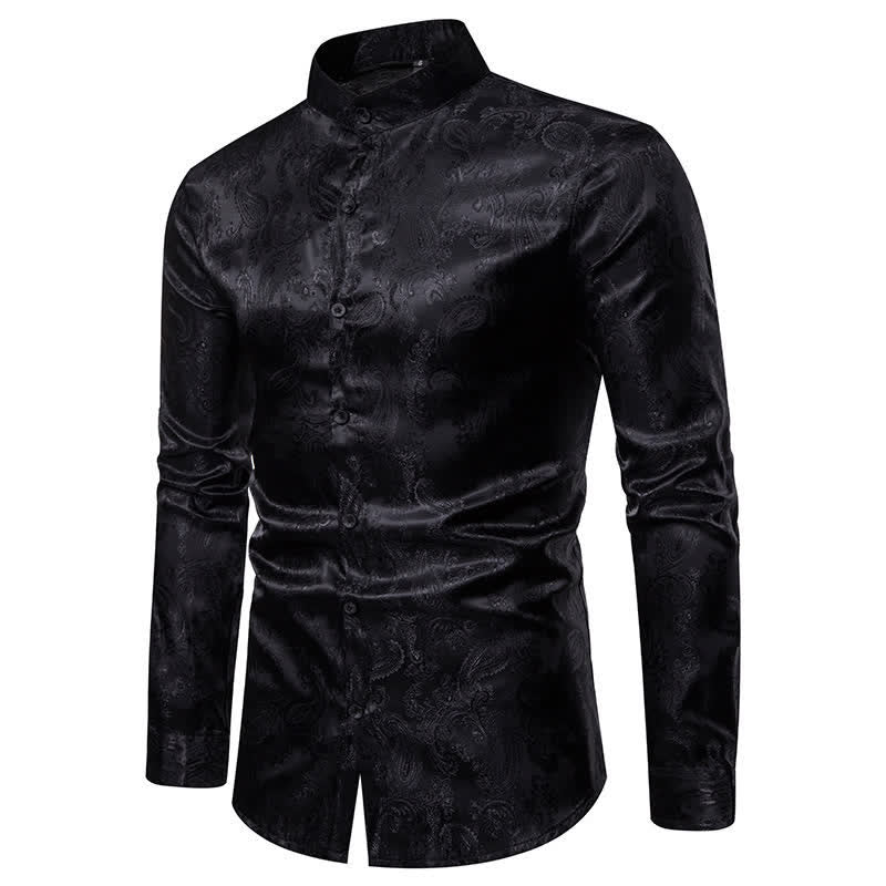 Men's Dark Jacquard Satin Rose Stand Collar Long Sleeve Shirt - image 13