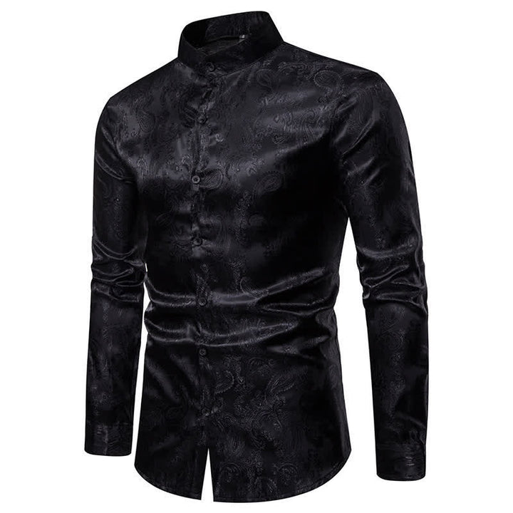 Men's Dark Jacquard Satin Rose Stand Collar Long Sleeve Shirt - image 13