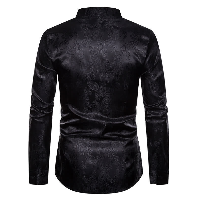 Men's Dark Jacquard Satin Rose Stand Collar Long Sleeve Shirt - image 11