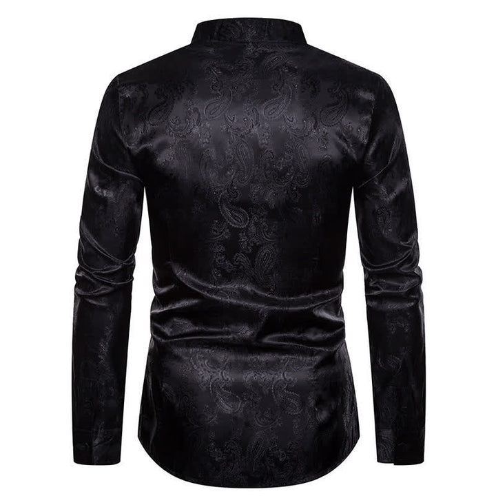 Men's Dark Jacquard Satin Rose Stand Collar Long Sleeve Shirt - image 11