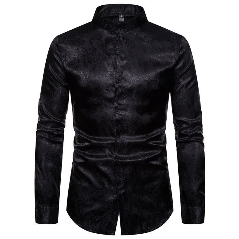Men's Dark Jacquard Satin Rose Stand Collar Long Sleeve Shirt - Black - 2XL - image 11
