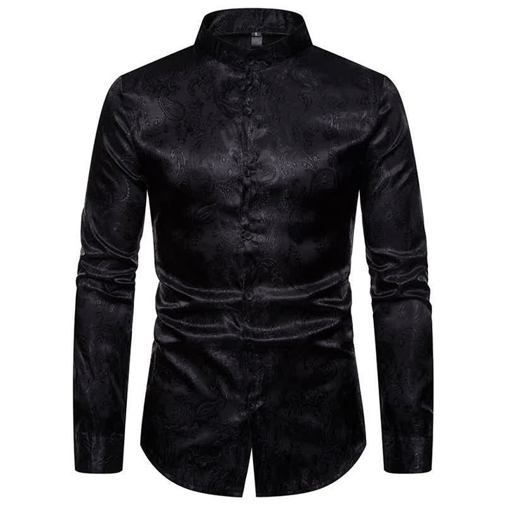Men's Dark Jacquard Satin Rose Stand Collar Long Sleeve Shirt - Black - 2XL - image 11