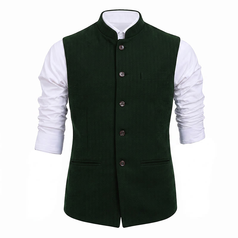 Men's Mandarin Collar Herringbone Tweed Waistcoat Suit Vest - image 25