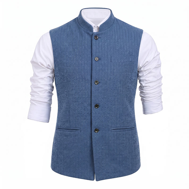 Men's Mandarin Collar Herringbone Tweed Waistcoat Suit Vest - image 28