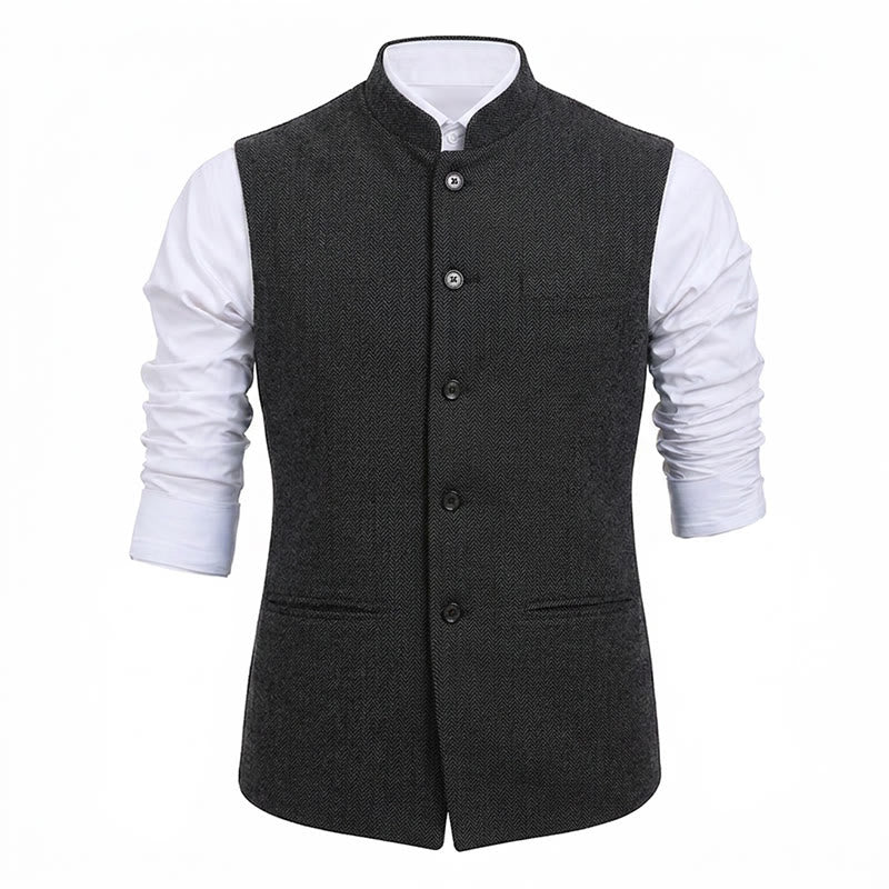 Men's Mandarin Collar Herringbone Tweed Waistcoat Suit Vest - image 21