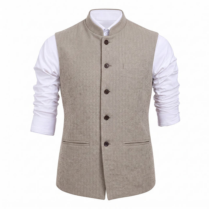 Men's Mandarin Collar Herringbone Tweed Waistcoat Suit Vest - image 32